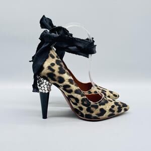 Lanvin x H&M Shoes Womens 6 Brown Pumps Leopard Ankle Wrap Rhinestone Heel